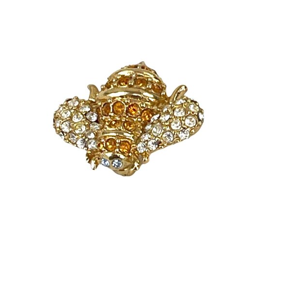 Monet Rare Gold Tone Bee Brooch With Orange & Clear Crystals - Picture 7 of 13